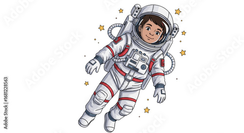 A cartoon astronaut floats in space surrounded by yellow stars and white space