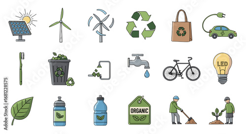 Illustration of various environmental and sustainability related icons and objects