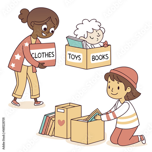 Vector illustration of Children sorting donations for charity, clothes, toys, and books