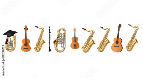 Musical instruments including saxophones guitars and a tuba with graduation cap