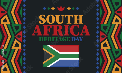 South Africa Heritage Day. Happy holiday. Celebrate culture and traditions of nation. South African flag. Poster with illustration. Pattern design. Vector