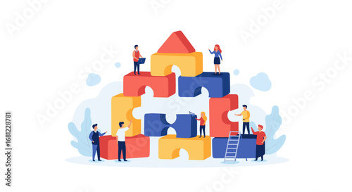 Team building a structure with colorful blocks and ladder in a collaborative effort