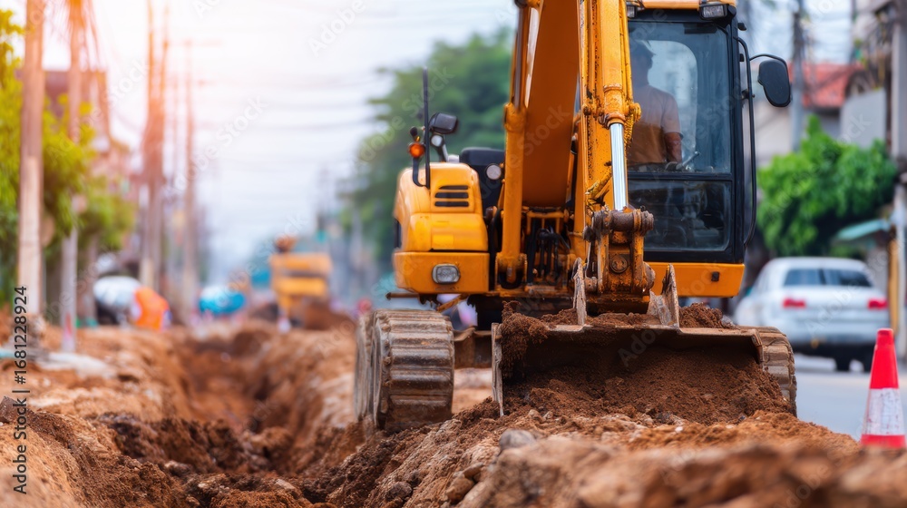 Fototapeta premium Excavator digging a trench on a busy street, with construction workers and vehicles in the background