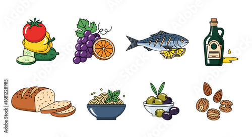 Illustration of various food items including fruits vegetables and healthy fats