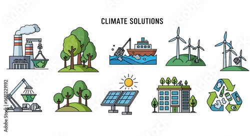 Illustrations of climate solutions including renewable energy and recycling icons