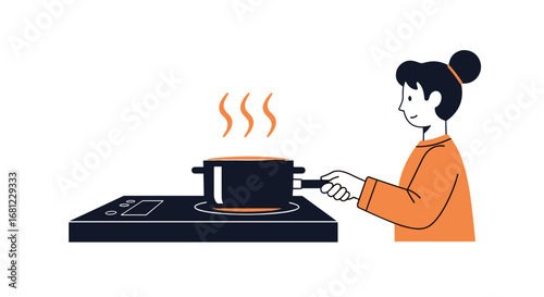 Woman cooking with a pot on an induction cooker with steam rising from the pot
