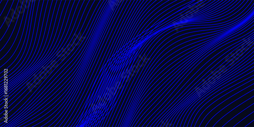 Abstract glowing wave lines on dark blue background. Dynamic wave pattern. Modern flowing wavy lines. Futuristic technology concept. Suit for banner, poster, cover, brochure, flyer, website