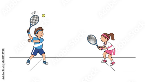 Tennis Match: Two young players engaging in a dynamic tennis match, demonstrating skill and focus. Capturing action in progress