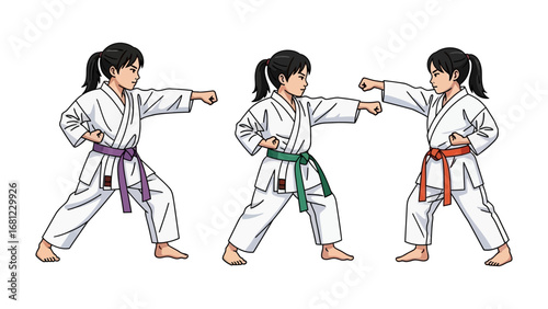 Karate demonstration: Three young karate practitioners demonstrate the art of self-defense. Showcasing dynamic movements, each student embodies the discipline and focus of the martial art. 