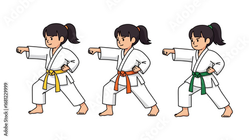 Karate Kids: A colorful array of karate kids, each showcasing a different belt rank and punch, embodies the focus and discipline of martial arts training. 