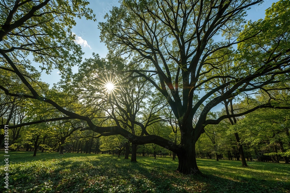 Fototapeta premium Spring sunlight filtering through lush forest greenery