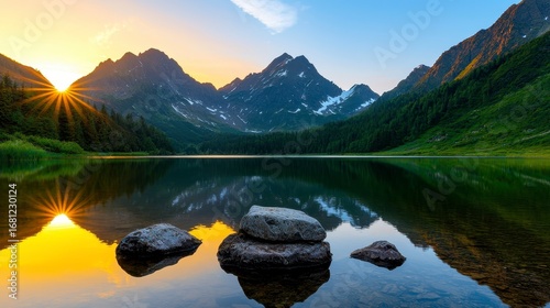 Fototapeta Naklejka Na Ścianę i Meble -  A serene lake nestled in Tatra National Park, bathed in golden sunlight at dawn, showcasing the breathtaking mountain landscape.