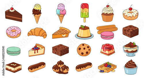 Illustration displaying an assortment of various desserts including cakes and ice cream