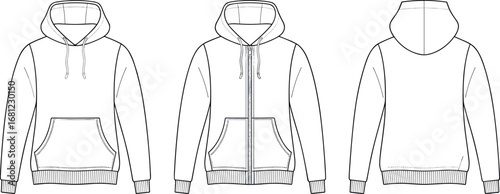 Blank hoodie vector template front back side, zip up pullover hoodie outline, fashion technical sketch for apparel design mockup