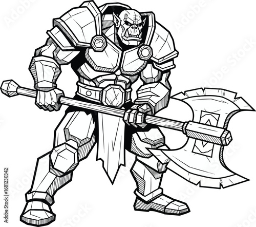 Orc: A detailed line art illustration of a fearsome orc warrior in full armor, holding a large battle axe.