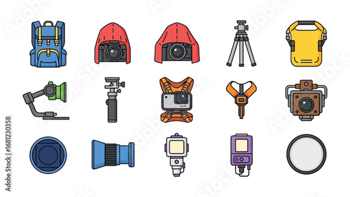 Photography Tools: Collection of professional photography tools featuring backpack, hoods, tripod, handle, gimbal, lens and camera with eye-catching colors. 