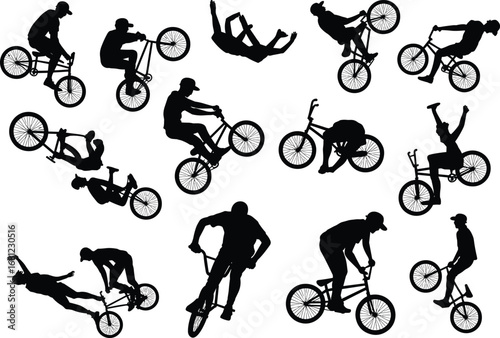 BMX, cyclist, jump, action, extreme, sport, trick, rider, freestyle, silhouette, black, vector, motion, bike, stunt, rider, cad, drawing, flat, illustration