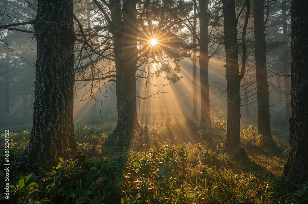 Obraz premium Sunlight piercing the misty forest canopy.
