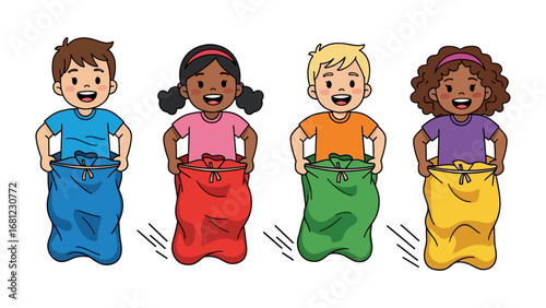 Sack Race Joy: A vibrant illustration capturing the spirited excitement of a sack race, featuring a diverse group of children brimming with laughter and playful competition.