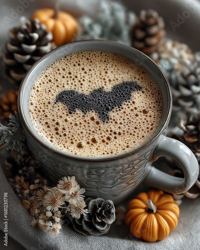 Halloween Latte  close-up view of a steaming cup of coffee adorned with captivating latte art, featuring a black bat, nestled amidst autumn decorations.