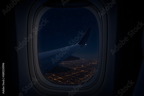 Airplane Wing Tip View Through Window at Night with Sparkling City Lights Below - Night Flight and Air Travel Concept