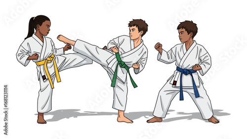 Karate Kid's Mastery: Illustrative depiction of children engaging in a Karate lesson, showcasing focus, discipline and coordination.