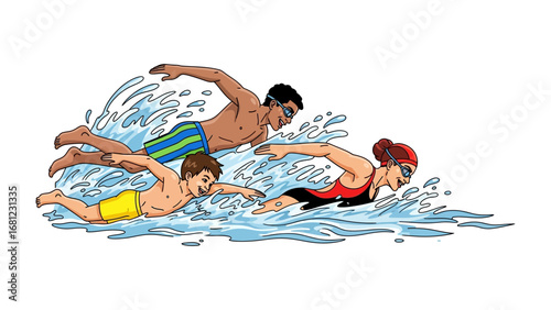 Energetic Swimmers in Action: A group of swimmers, embodying the spirit of athleticism and joy, slice through the cool water. Capturing the vibrant energy of a summer day.