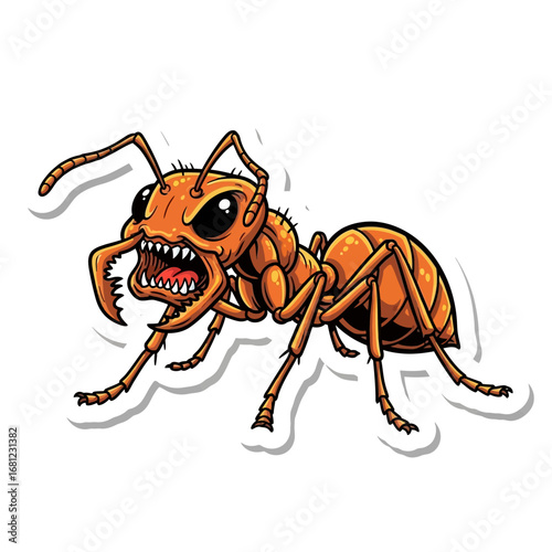 Angry Ant Illustration: An enraged ant is depicted with a fierce expression and open mouth, showcasing its powerful mandibles in a vibrant illustration.