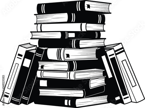 Books: A large pile of stacked books, in a clean, minimalist line art illustration style.