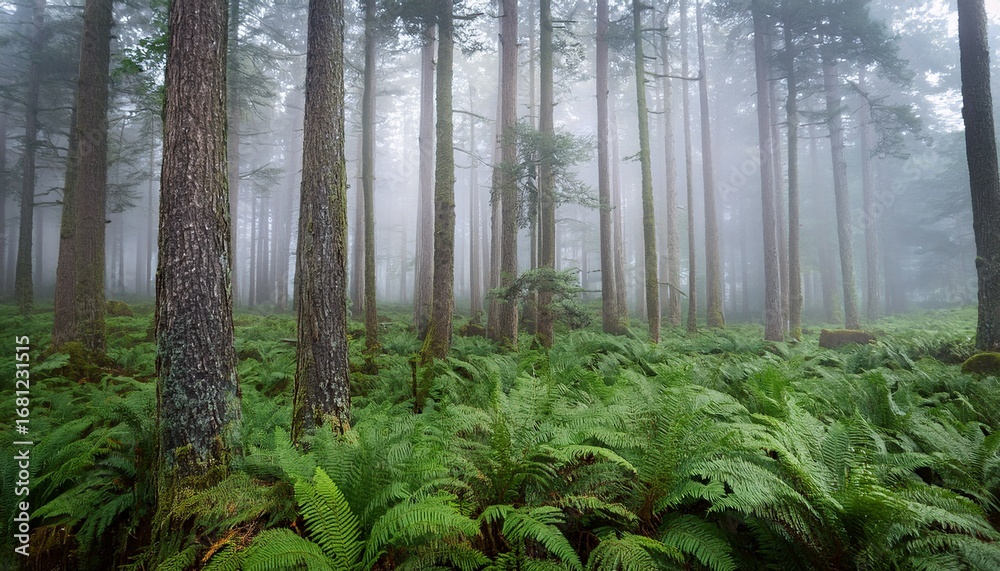 Fototapeta premium enchanted misty forest with tall pine trees and lush green ferns