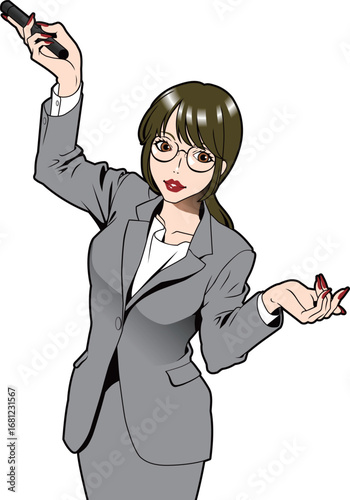 レーザーポインターを使ってプレゼンする女性