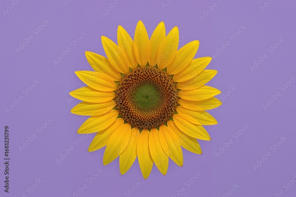 Obraz premium Bright sunflower embodying summer warmth on a violet backdrop, perfect for themes of nutritious seeds and floral nature in marketing or greeting cards.