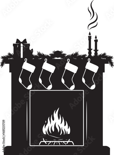 Christmas fireplace silhouette with burning logs socks and gift box candles on mantelpiece