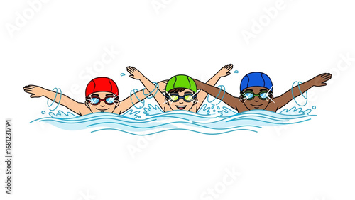 Swimming Trio: Three young swimmers propel themselves through the water with powerful strokes, their determination and energy radiating from every splash and movement.