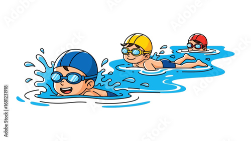 Swimming Trio in a Cartoon Pool: Animated youngsters delight in a splashy aquatic adventure, their joyful faces and buoyant strokes embodying the sheer fun of swimming.