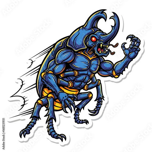 Super Beetle Hero: A vibrant illustration of a powerful beetle with heroic characteristics, featuring sharp claws and large horns, exuding a sense of dynamism and might.