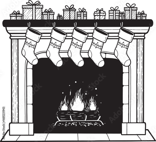 Christmas decorated fireplace with gift boxes and socks on mantelpiece and burning logs
