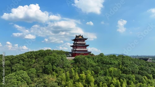 The architectural scenery of Wenchang Pavilion at the peak of Fenghuang Mountain in Zhangjiagang