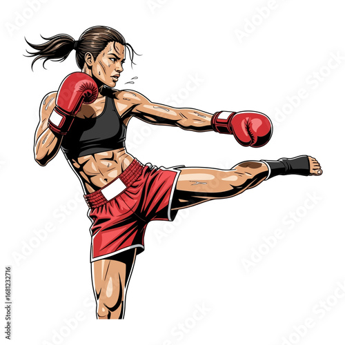 Kickboxing Intensity: An energetic illustration depicts a determined female kickboxer mid-action, embodying the discipline, power and athletic skill, showcasing a blend of strength and grace.