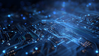 High-tech circuit board background, abstract digitaltechnology presentations, lectronic components, digial infrastructure, blue teh theme, modern electronic evolution expansion backgound image