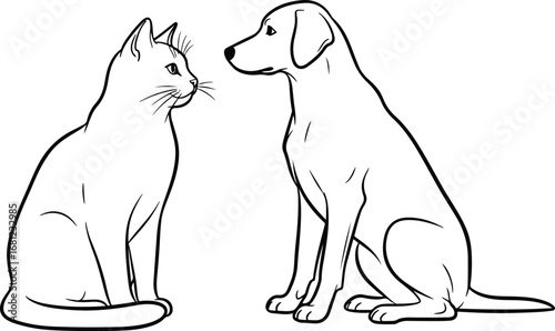 Animals: A simple line art illustration of a cat and a dog sitting and facing each other, symbolizing friendship, companionship, and harmony.