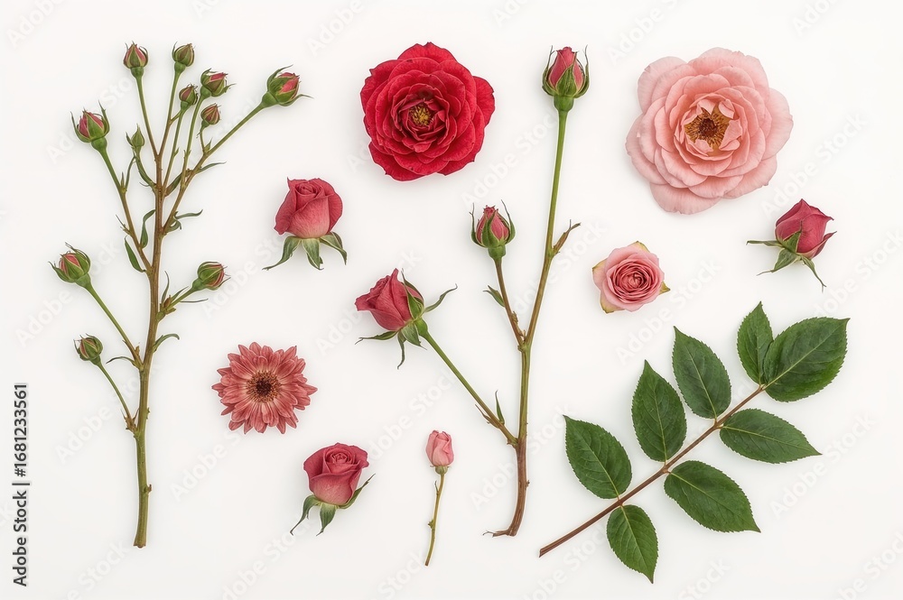 Fototapeta premium Assorted fragile wild rose blooms, buds, and a single leaf arranged on a white backdrop, isolated floral elements for romantic or garden-themed designs, overhead flat lay perspective