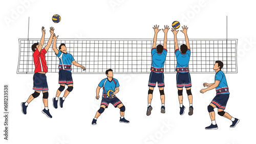 Volleyball Action: Dynamic illustration of volleyball players engaged in an intense match, showcasing the sport's agility and teamwork