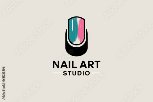 Modern nail salon logo design with abstract elements and bold typography