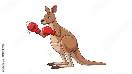 Kangaroo Ready to Fight: A dynamic illustration depicts a kangaroo, donned in boxing gloves, poised in a boxing stance, prepared to compete or defend, set against a flat, vibrant background.