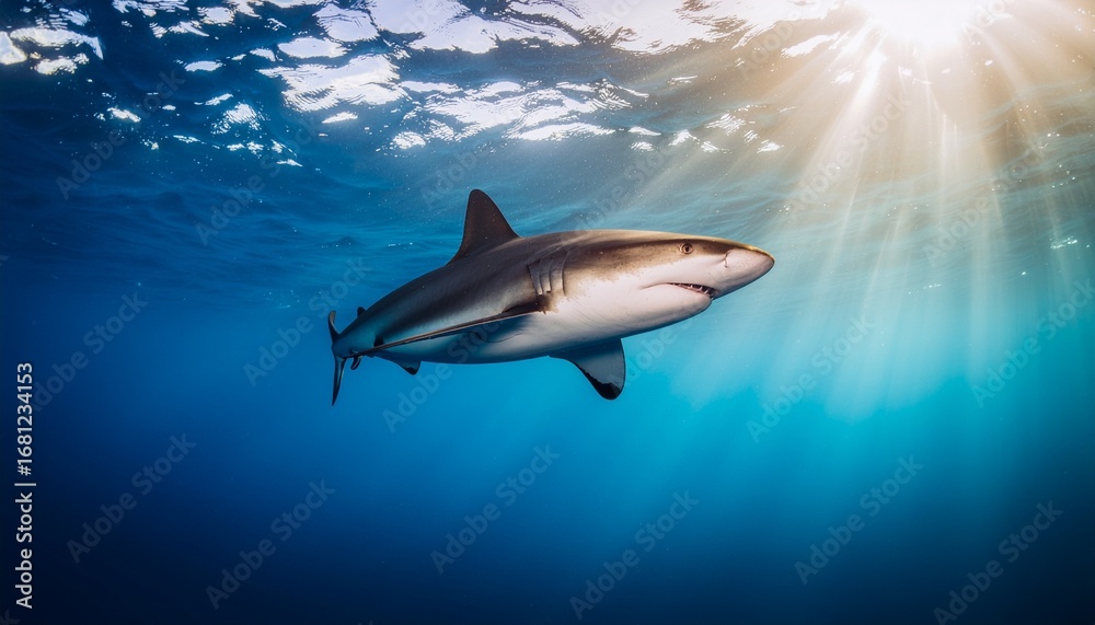 Fototapeta premium Solitary shark patrolling the open ocean depths as sunlight penetrates the water's surface, a concept of marine wildlife