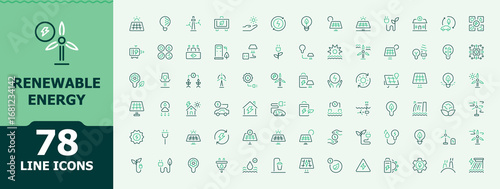 Renewable Energy colorful line icon set. Contains related to green energy, sustainable, alternative, power, eco and more. Thin icons set. Green Energy icon set. Editable stroke.