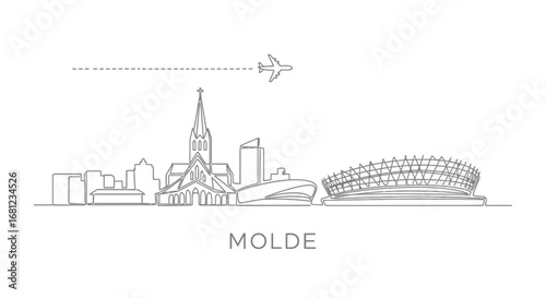 Molde, Norway Skyline Line Art with Airplane