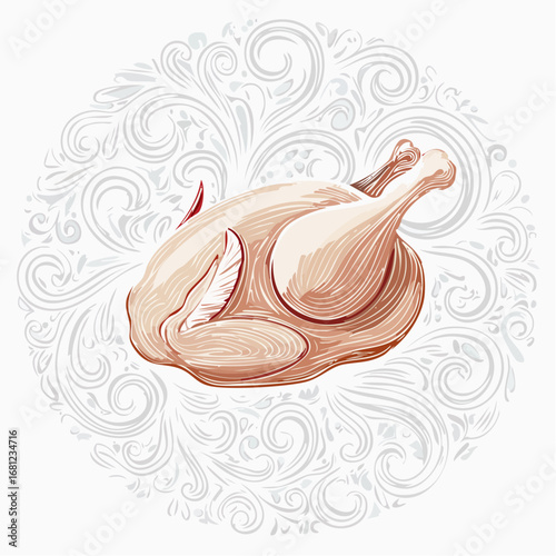 Roasted Chicken Illustration with Ornate Floral Background