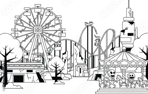Amusement Park: A surreal and spooky line art illustration of an abandoned amusement park with a broken roller coaster and creepy carousel animals.
